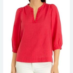 Crown & Ivy Womens Ric Rac Solid Peasant Top Women's linen coral Blouse New S